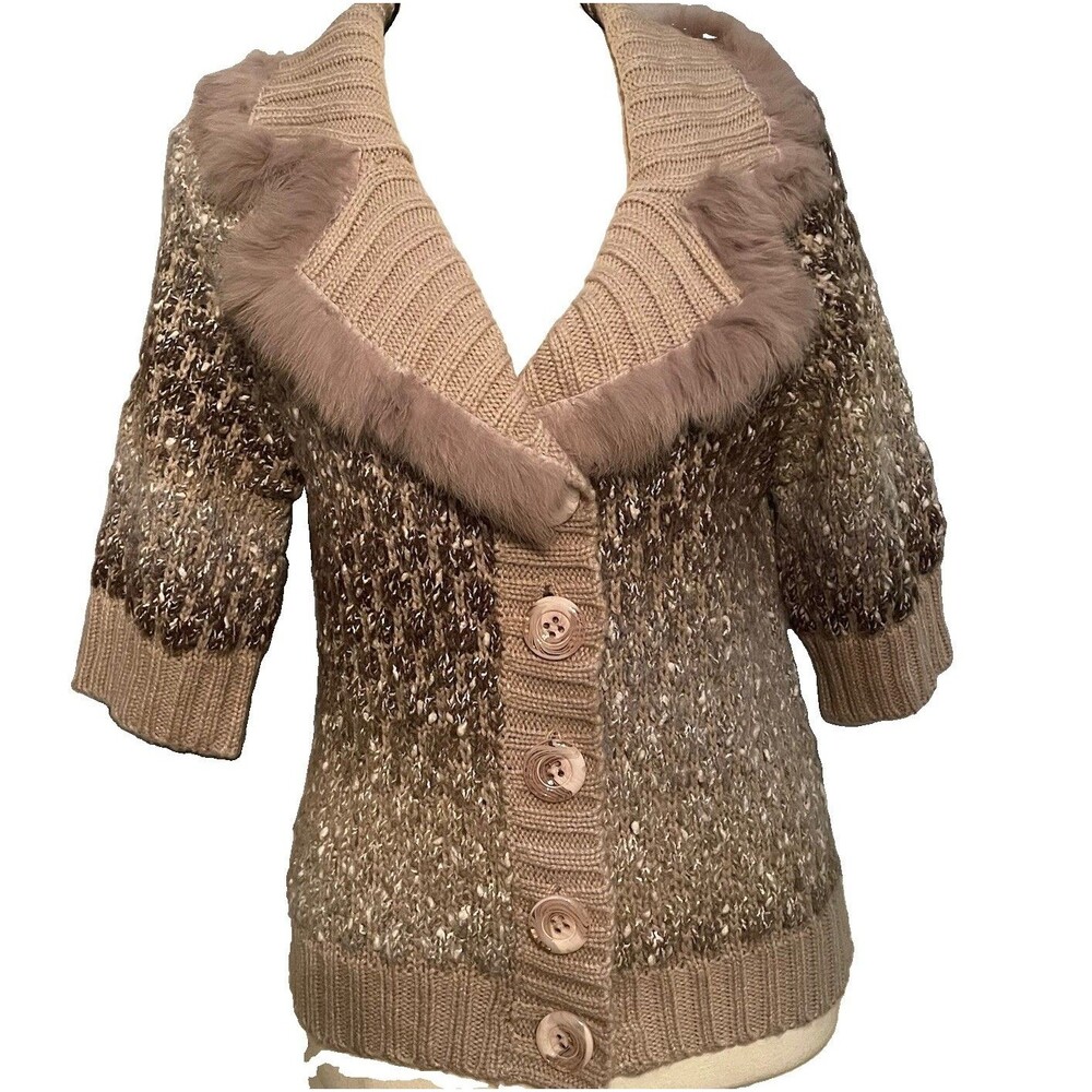 Alberto Makali Fox Fur Collar Knit Cardigan Sweater Earthy Neutral M Boho Y2K